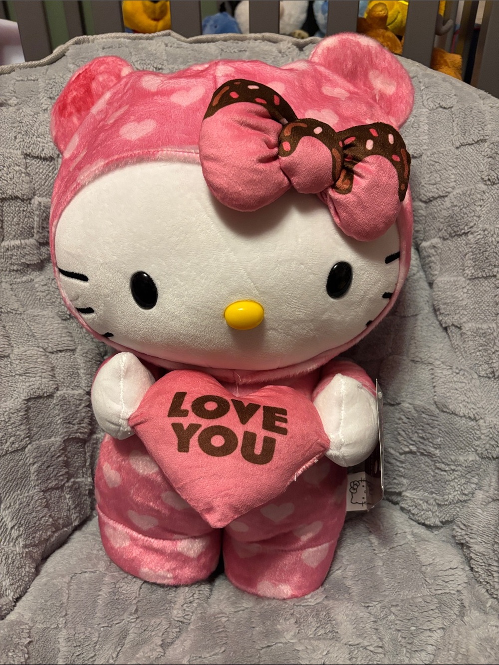 Sanrio Hello Kitty Greeter Pink Plush with Brown-Accent Bow and 'Love You' Heart
